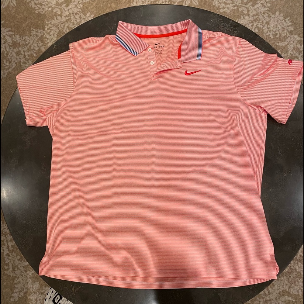 Nike orange and white stripped golf shirt.